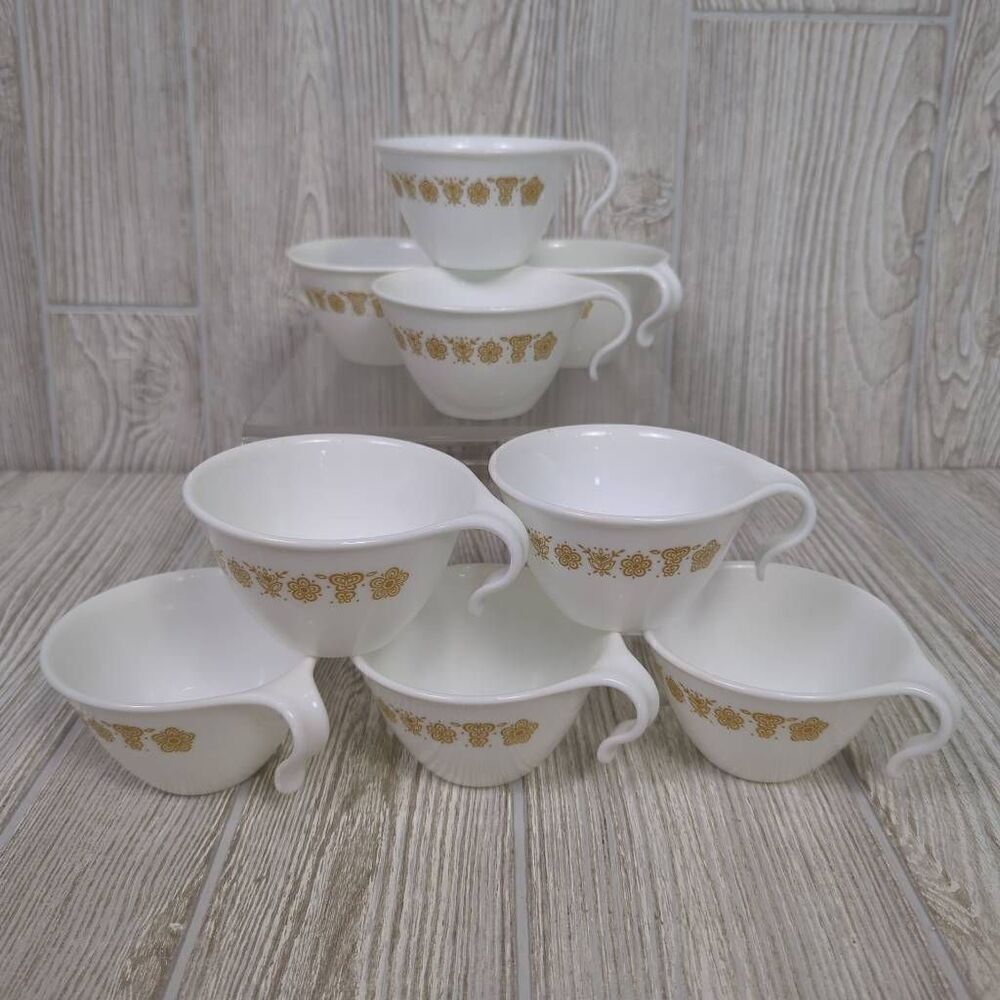 Set of 9 Vintage Corelle Butterfly Gold Flat Cups with Hook Handle Discontinued